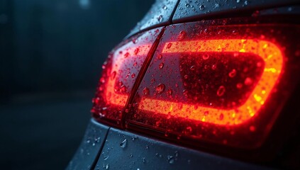 Wet modern car taillight glowing with red LED light on a rainy night.