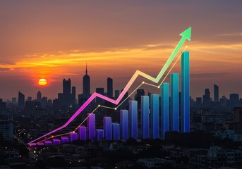 A vibrant cityscape at sunset showcases a graphic representation of rising financial growth.