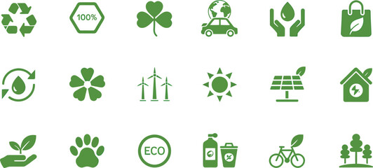 Collection of green eco friendly icons representing sustainability and environmental protection concepts