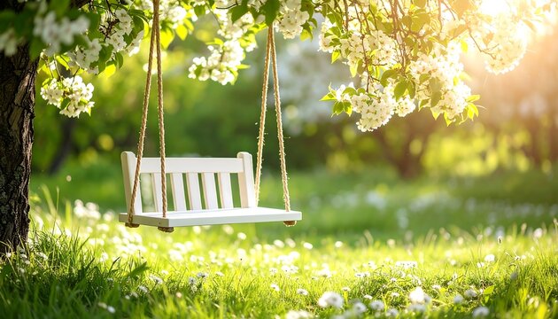 Swinging Seat Hanging From Blossoming Tree in Sunny Meadow