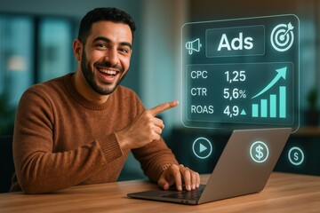 Analyzing digital advertising metrics and strategies office setting data visualization technology environment engaging viewpoint