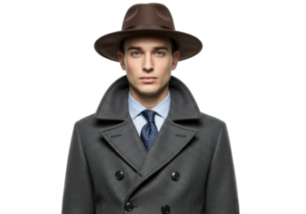 Isolated man in coat with hat looking at camera in front of a plain backdrop, no background