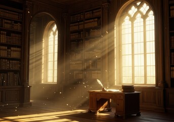 A sunlit antique library interior, showcasing aged wooden bookshelves and a writing desk, bathed in golden light.