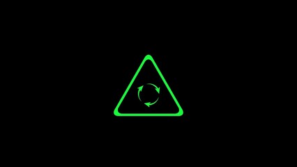 Illuminated green triangle warning symbol with a circle and a dot inside on a black background