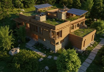 A contemporary, sustainable home nestled within a verdant landscape, featuring a green roof and wooden exterior, showcasing modern architectural design and environmental consciousness.