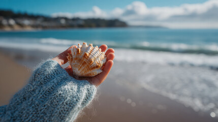 Shell resting in hand by the shoreline with gentle waves and blurred coastal background under bright blue sky and soft clouds creating serene atmosphere.
