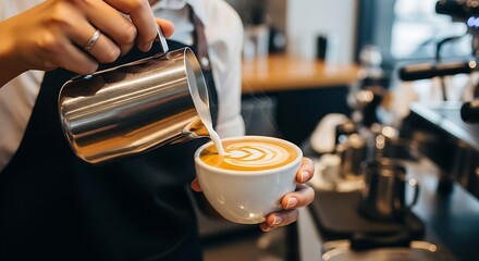 Barista carefully pouring steamed milk into a freshly brewed espresso creating beautiful latte art on a white background in a coffee shop environment