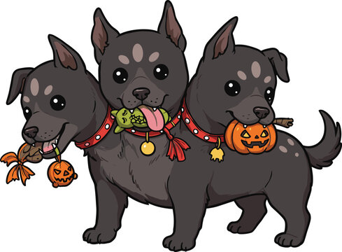Cute three headed Halloween dog cartoon illustration, fantasy Cerberus puppy holding pumpkins and spooky treats, festive mythical creature artwork for decorations, posters, invitations