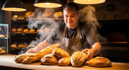 Skilled Baker Proudly Displays Freshly Baked Artisan Bread Assortment Hot Out of the Oven with Steam Rising Creating a Warm Inviting Atmosphere for Customers