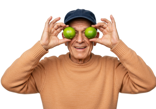 Isolated elderly person holding limes in front of eyes, playful and funny expression