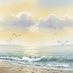 Serene Watercolor Seascape with Flying Seagulls and Gentle Waves.