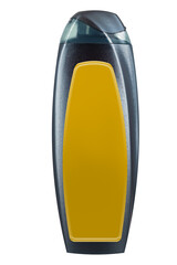 Black plastic shower gel bottle with blank yellow label for branding, isolated on white background, suitable for product design, packaging, or cosmetic mockup presentation.