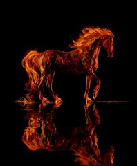 Burning stallion walking with flames, fiery horse fantasy artwork reflecting in water on black background.