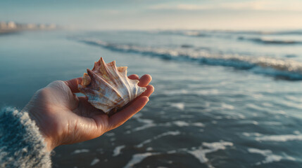 Shell found on sandy beach held in hand with gentle waves rolling in background during bright morning light reflecting off water surface.