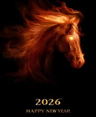 Fiery horse portrait with glowing mane, fantasy artwork with burning stallion face, dark background illustration.