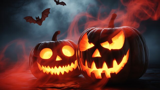 Two glowing jack o lanterns with red smoke and bats - Powered by Adobe