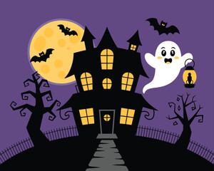 Cute ghost haunting a spooky house silhouette with colorful accents
