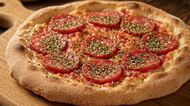 Delicious Flatbread Pizza with Sausage and Herbs - Close-up view of a baked flatbread pizza topped with sliced sausage and sprinkled with dried herbs. The pizza rests on a rustic wooden board.