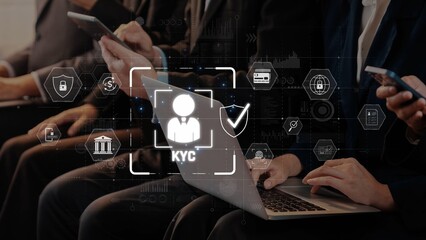 A scene depicting professionals using technology for KYC processes in finance. The image captures interactions with smartphones and laptops emphasizing digital security and compliance. Raster