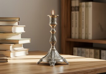 A silver candleholder, adorned with intricate carvings, sits on a wooden table amidst a collection of books in a peaceful, well-lit room.