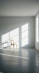 A minimalist, sun-drenched interior space showcases a light-colored wooden chair, bathed in shadows cast by an expansive window.
