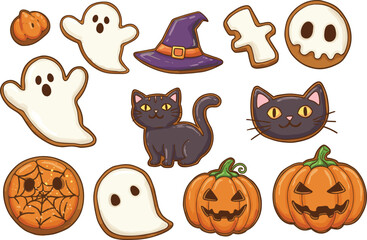 Halloween cookie clipart set with spooky ghost biscuits, pumpkin treats, black cat, witch hat, skull, spiderweb, fun cartoon dessert illustrations