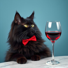 Black fluffy cat and a glass of red wine