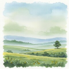Tranquil Watercolor Landscape Featuring Green Hills and a Single Tree.