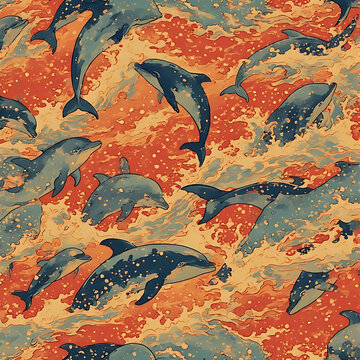 Dynamic abstract dolphin pattern, swirling brushstroke textures in blue, orange, red, and yellow, energetic motion with splattered paint effects on light beige background.