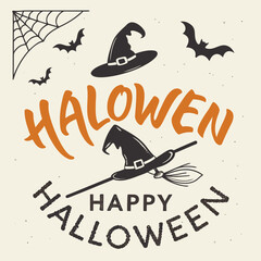 Vintage Happy Halloween Typography with Witch Hat and Bats