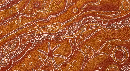 An intricate, earthy artwork showcases a vibrant landscape using a dot painting technique.