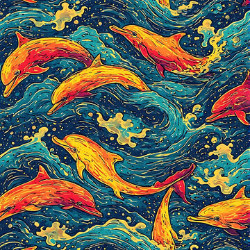 Dynamic abstract dolphin pattern, swirling brushstroke textures in blue, orange, red, and yellow, energetic motion with splattered paint effects on light beige background