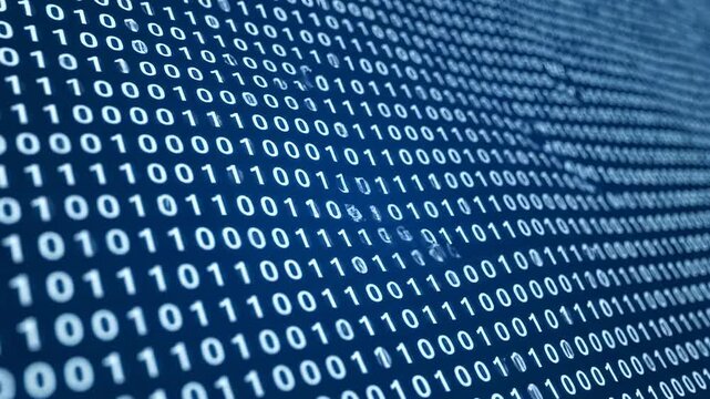 Abstract Binary Code Background - A digital background featuring a seamless pattern of binary code digits (0s and 1s) in light blue on a dark blue background.