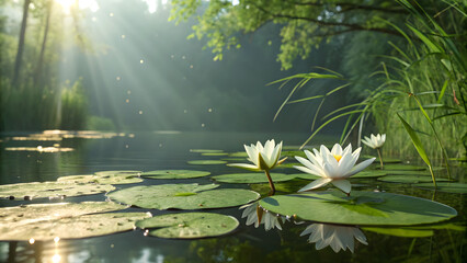 Tranquil water lilies bloom in a serene pond bathed in ethereal sunlight filtering through lush green foliage