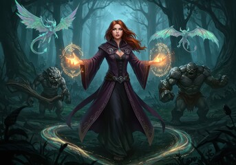 A sorceress, wielding magical energy, stands amidst a mystical forest, surrounded by mythical creatures, evoking a sense of power and wonder.