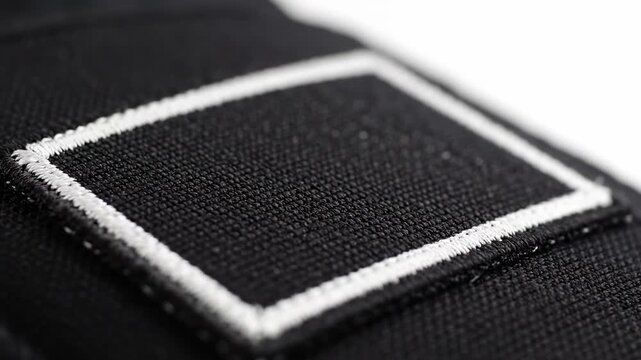Black Rectangular Embroidered Patch Mockup - Close-up view of a black rectangular fabric patch with a white embroidered border, showcasing detailed texture and stitching.