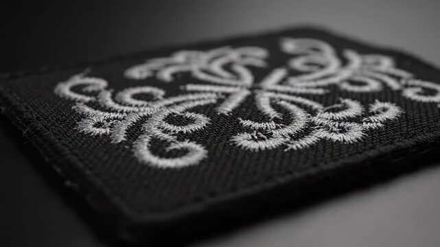 Black Embroidered Patch Mockup - Close-up shot of a black embroidered patch with a detailed silver design.