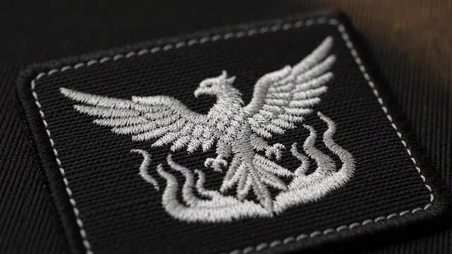Embroidered Phoenix Patch on Black Fabric - Close-up view of a detailed silver phoenix embroidered patch sewn onto black fabric. The patch is square with a visible stitch around the edge.