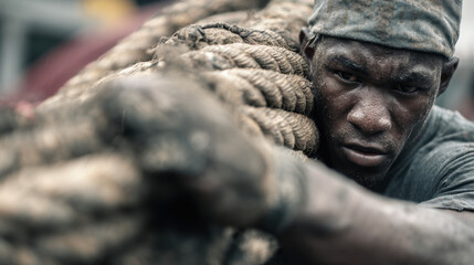 Strong individual lifting heavy rope in challenging outdoor environment, displaying deination and intense focus under natural lighting while engaged in physical labor.