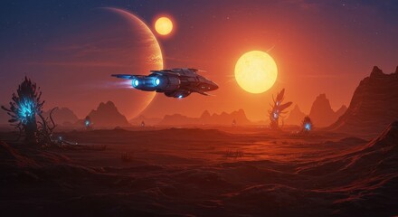 A futuristic spacecraft soars above a desolate alien landscape bathed in the warm glow of a distant sun.