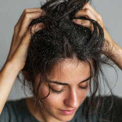 Frizzy hair being gently massaged with fingers while showing signs of dry scalp and dandruff under natural indoor lighting against a plain backdrop.