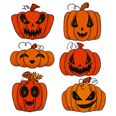 Collection of Halloween pumpkins with different scary and funny faces. Part of a set of spooky jack-o'-lantern illustrations.