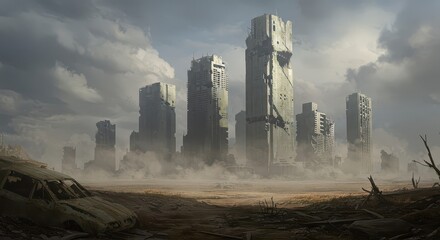 A desolate, post-apocalyptic cityscape, showcasing ravaged skyscrapers and a barren landscape under a cloudy sky.