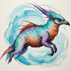 Vibrant Watercolor Fantasy Creature with Beak and Horns.