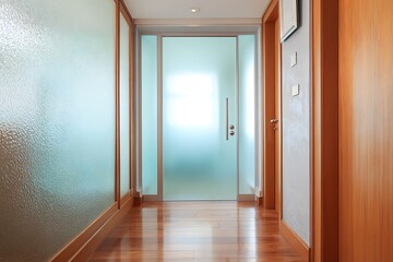 Frosted glass panel door with semi-transparent privacy film and modern push plate 