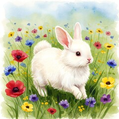White Rabbit in Watercolor Wildflower Meadow.