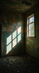 Sunlit shadows fall across a dilapidated corner room, highlighting the peeling paint and scattered debris on the floor.