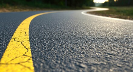 Close-up of Asphalt Road with Yellow Line, Curving Path curve highway street texture background landscape nature outdoor travel