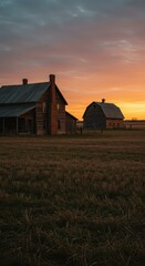 Rustic wooden farm buildings stand in a field bathed in the warm glow of a vibrant sunrise.