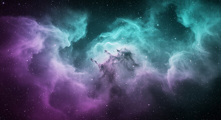 Purple and teal nebula with stars in deep space galaxy
